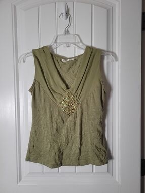 Cato Olive Green Sleeveless Tank with Jeweled Center. Missing 2 beads